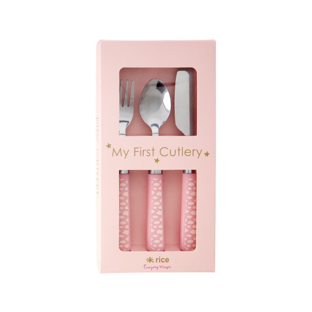 Kids Cutlery Set Knife, Fork & Spoon Pink Cloud Print by Rice DK